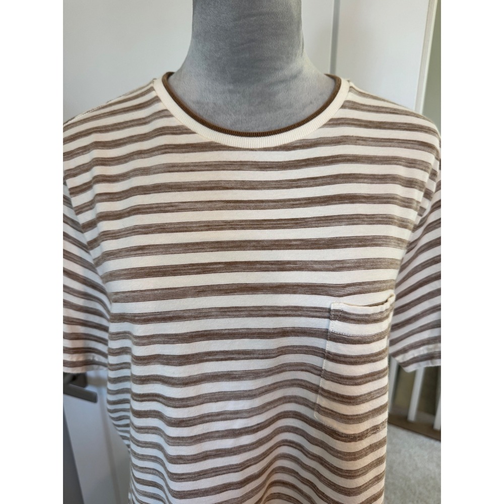 Cremieux Mens Large Striped Pocket T-Shirt Brown White Cotton Short Sleeve Tee - Picture 2 of 5